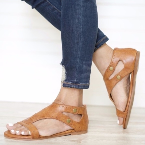 Tan Vegan Leather Studded Sandals - Picture 2 of 8